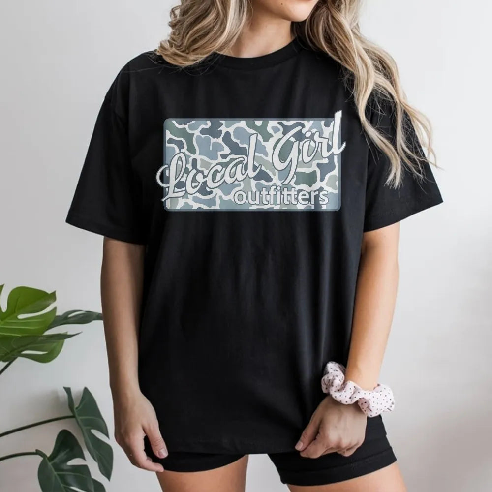 Local Girl Graphic Tee | Blue Camouflage Print Shirt | Soft 100% Cotton | Hometown Pride Gift for Her
