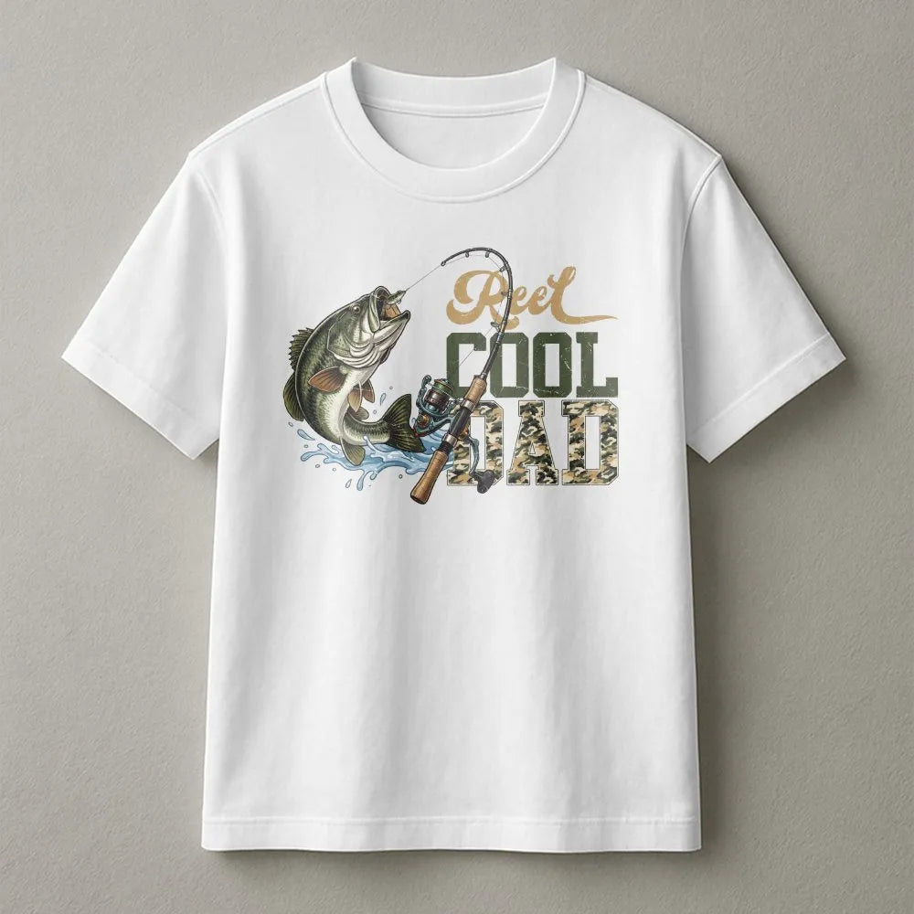 Reel Cool Dad Fishing T-Shirt | Bass Fish & Rod Graphic | Premium Cotton Blend | Gift for Fisherman Dad