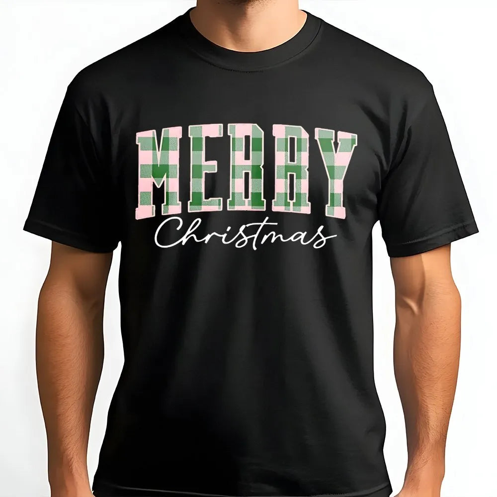 Merry Christmas T-Shirt | Pastel Buffalo Plaid Design | Premium Soft Cotton | Festive Holiday Gift for Family