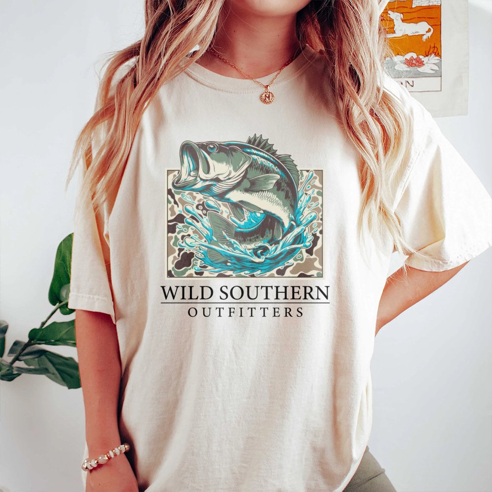 Bass Fishing T-Shirt | Camo Graphic Print | 100% Cotton Premium Tee | Outdoor Enthusiast Gift For Anglers
