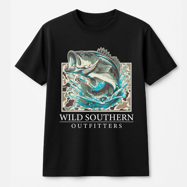 Bass Fishing T-Shirt | Camo Graphic Print | 100% Cotton Premium Tee | Outdoor Enthusiast Gift For Anglers