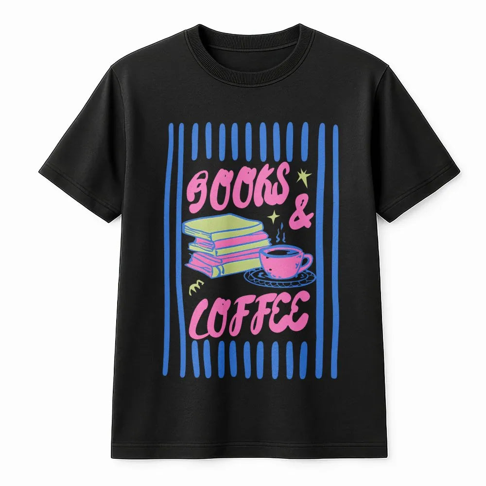 Retro Books and Coffee T-Shirt | Graphic Tee for Bookworms | Premium Soft Cotton | Book Lover and Reader Gift