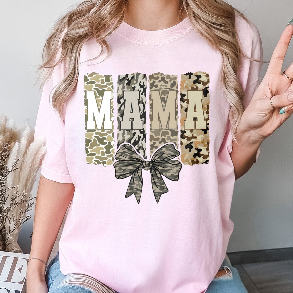 Mama Camo T-Shirt | Coquette Bow Graphic Print | Premium Soft Cotton | Stylish Mother's Day 2026 Gift for Mom