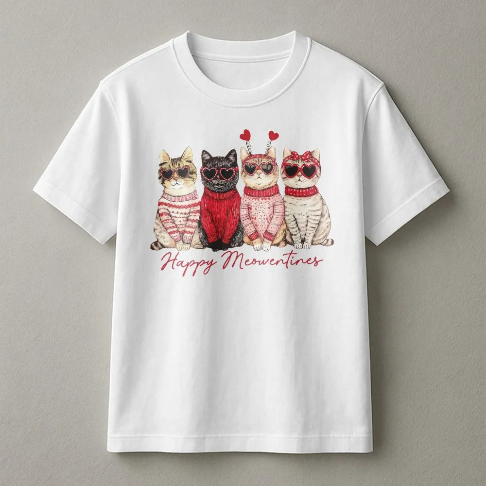 Valentine Cat T-Shirt | Happy Meowentines Graphic | Soft Cotton Premium Tee | Cute Animal Gift for Cat Lovers