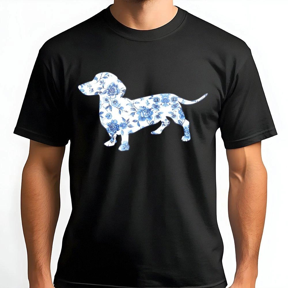 Dachshund T-Shirt | Blue Toile Floral Dog Graphic | Premium 100% Cotton | Gift for Doxie Mom and Dog Lovers