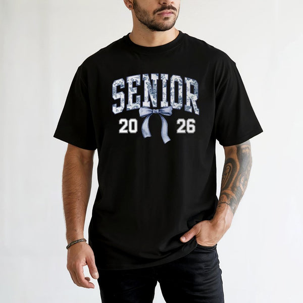 Senior 2026 T-Shirt | Blue Toile Bow Aesthetic Graphic | 100% Cotton Premium Tee | Graduation Gift For Her