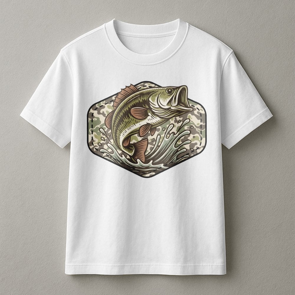 Bass Fishing T-Shirt | Camo Hexagon Graphic Art | Premium 100% Cotton Tee | Outdoor Adventure Gift for Dad