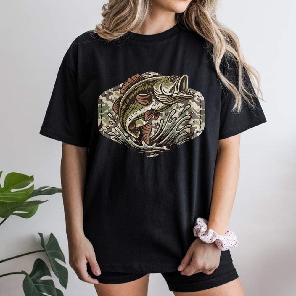 Bass Fishing T-Shirt | Camo Hexagon Graphic Art | Premium 100% Cotton Tee | Outdoor Adventure Gift for Dad