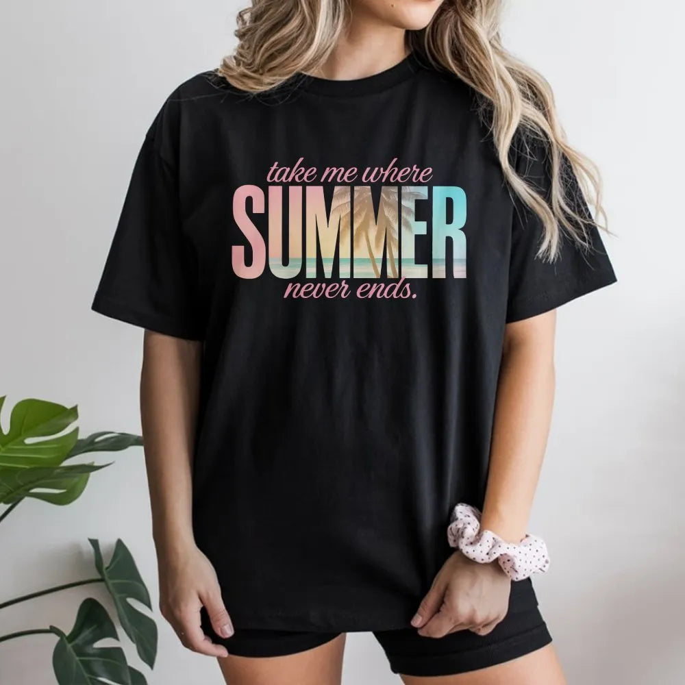Summer Never Ends T-Shirt | Coastal Aesthetic Palm Tree Graphic | Premium Cotton Blend | Gift for Beach Lover