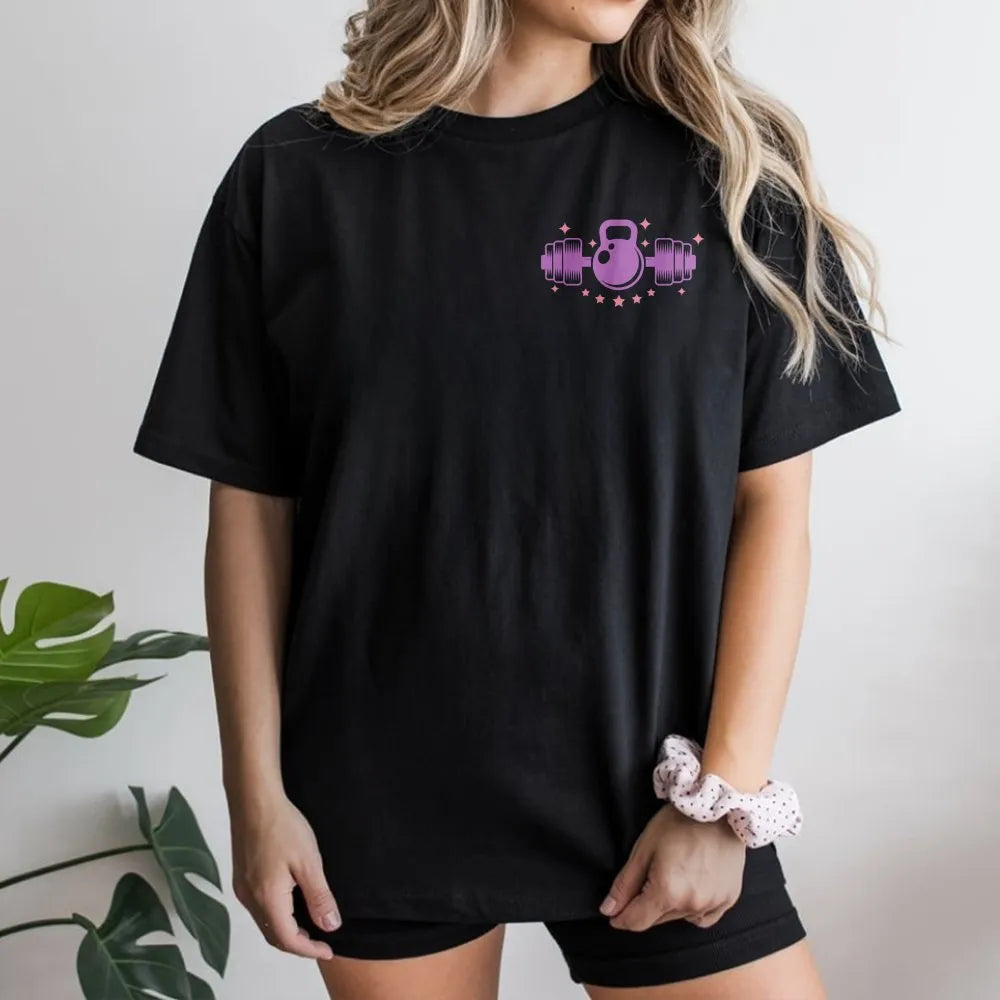 Cute Workout T-Shirt | Kettlebell & Dumbbell Graphic | Premium Cotton Blend | Gift for Women Who Lift