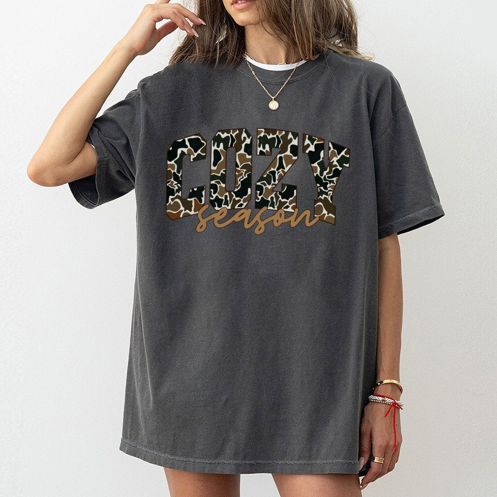 Cozy Season T-Shirt | Camo Print Graphic Aesthetic | Premium 100% Cotton | Fall and Winter Gift for Her
