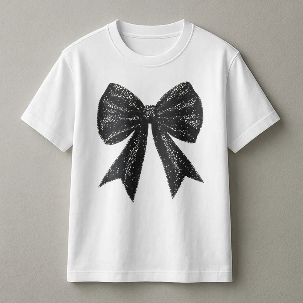 Coquette Bow T-Shirt | Sparkle Black Ribbon Graphic | Premium Soft Cotton Tee | Trendy Aesthetic Gift for Her