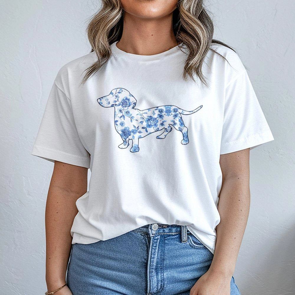 Dachshund T-Shirt | Blue Toile Floral Dog Graphic | Premium 100% Cotton | Gift for Doxie Mom and Dog Lovers