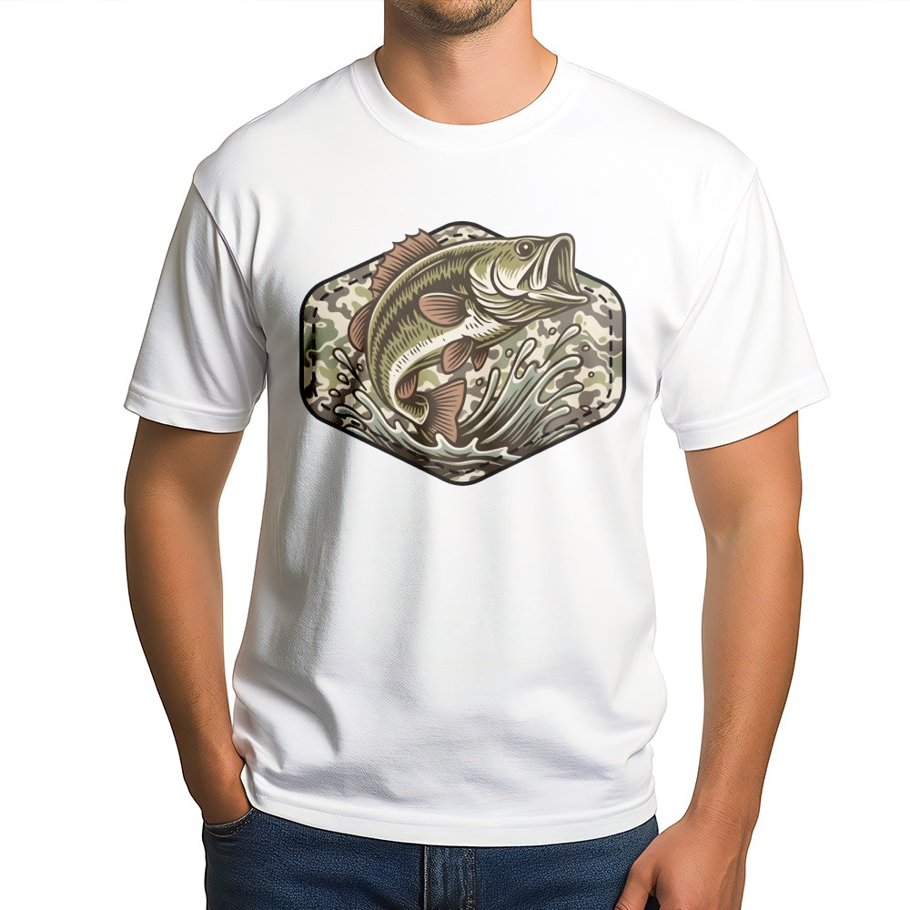 Bass Fishing T-Shirt | Camo Hexagon Graphic Art | Premium 100% Cotton Tee | Outdoor Adventure Gift for Dad