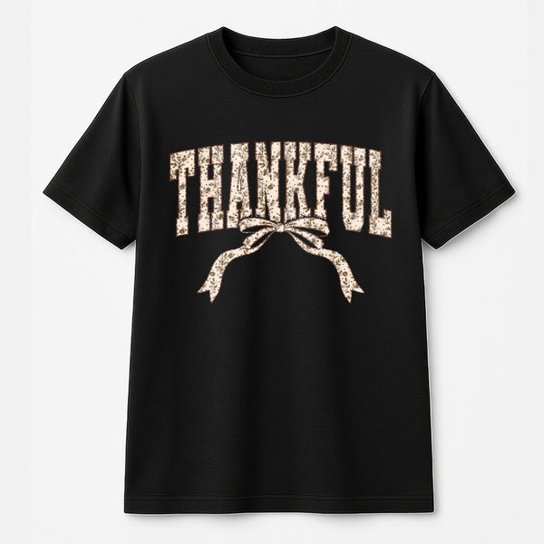 Thankful T-Shirt | Floral Coquette Bow Graphic | 100% Cotton Premium Tee | Thanksgiving Fall Gift for Women