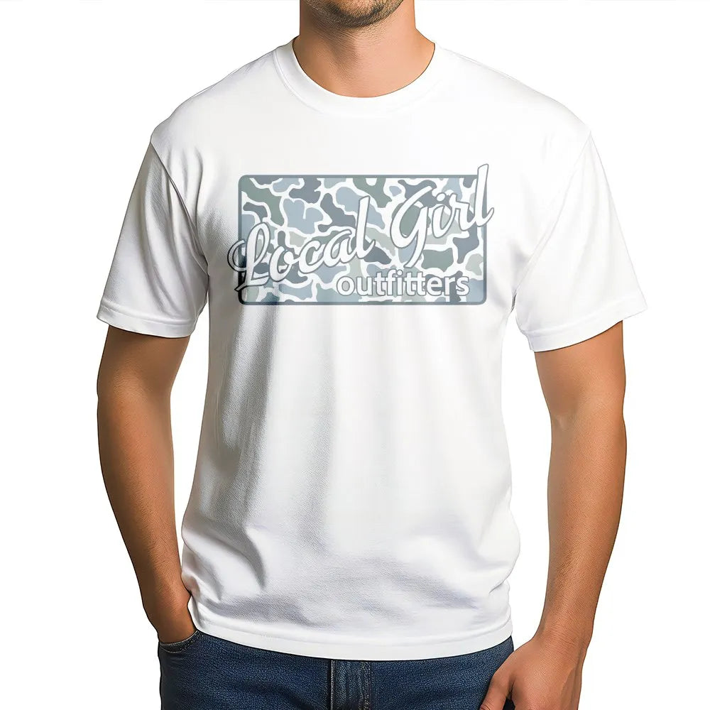Local Girl Graphic Tee | Blue Camouflage Print Shirt | Soft 100% Cotton | Hometown Pride Gift for Her