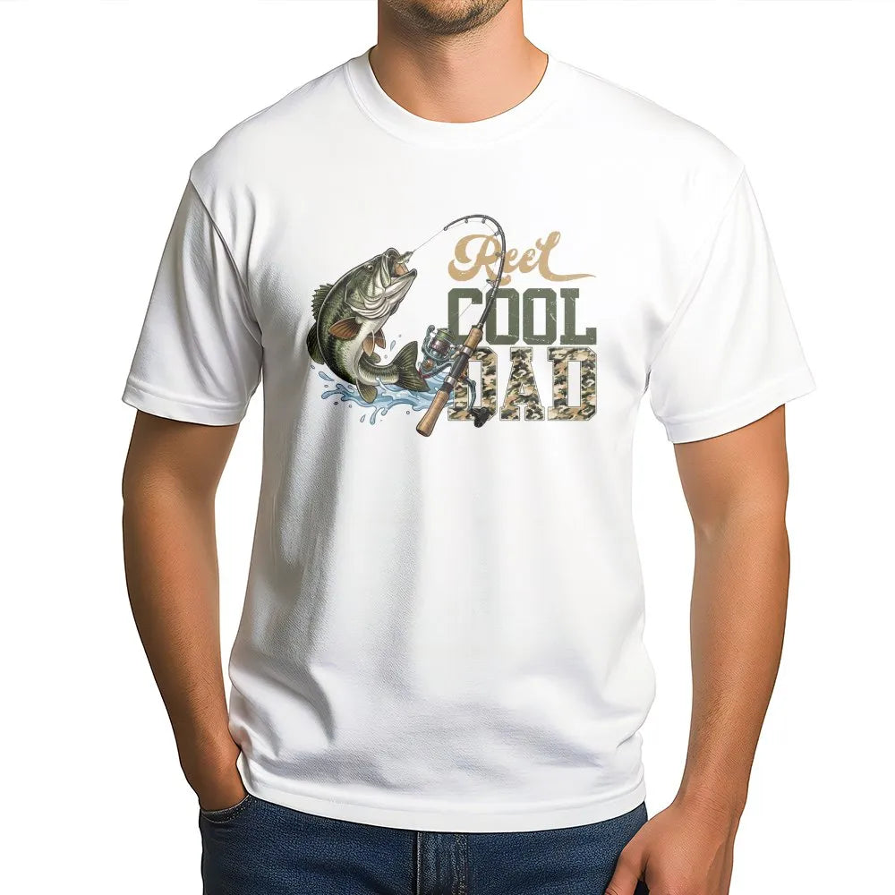 Reel Cool Dad Fishing T-Shirt | Bass Fish & Rod Graphic | Premium Cotton Blend | Gift for Fisherman Dad