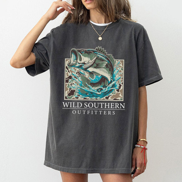 Bass Fishing T-Shirt | Camo Graphic Print | 100% Cotton Premium Tee | Outdoor Enthusiast Gift For Anglers