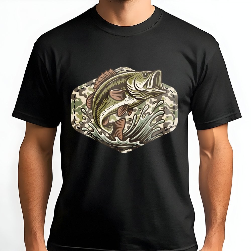 Bass Fishing T-Shirt | Camo Hexagon Graphic Art | Premium 100% Cotton Tee | Outdoor Adventure Gift for Dad