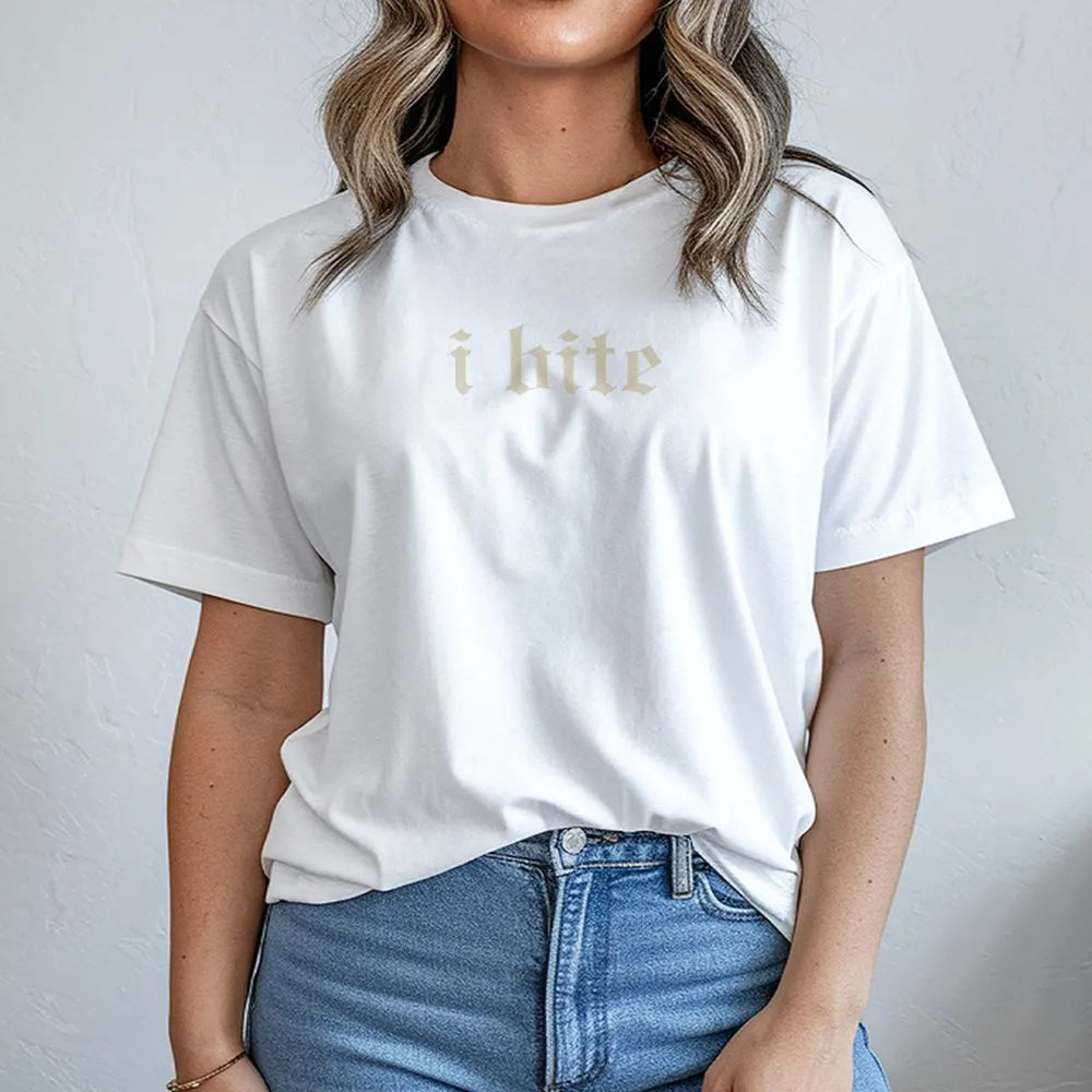 I Bite T-Shirt | Gothic Font Sarcastic Quote | 100% Cotton Premium Tee | Edgy Minimalist Gift for Her