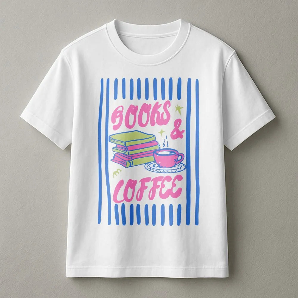 Retro Books and Coffee T-Shirt | Graphic Tee for Bookworms | Premium Soft Cotton | Book Lover and Reader Gift
