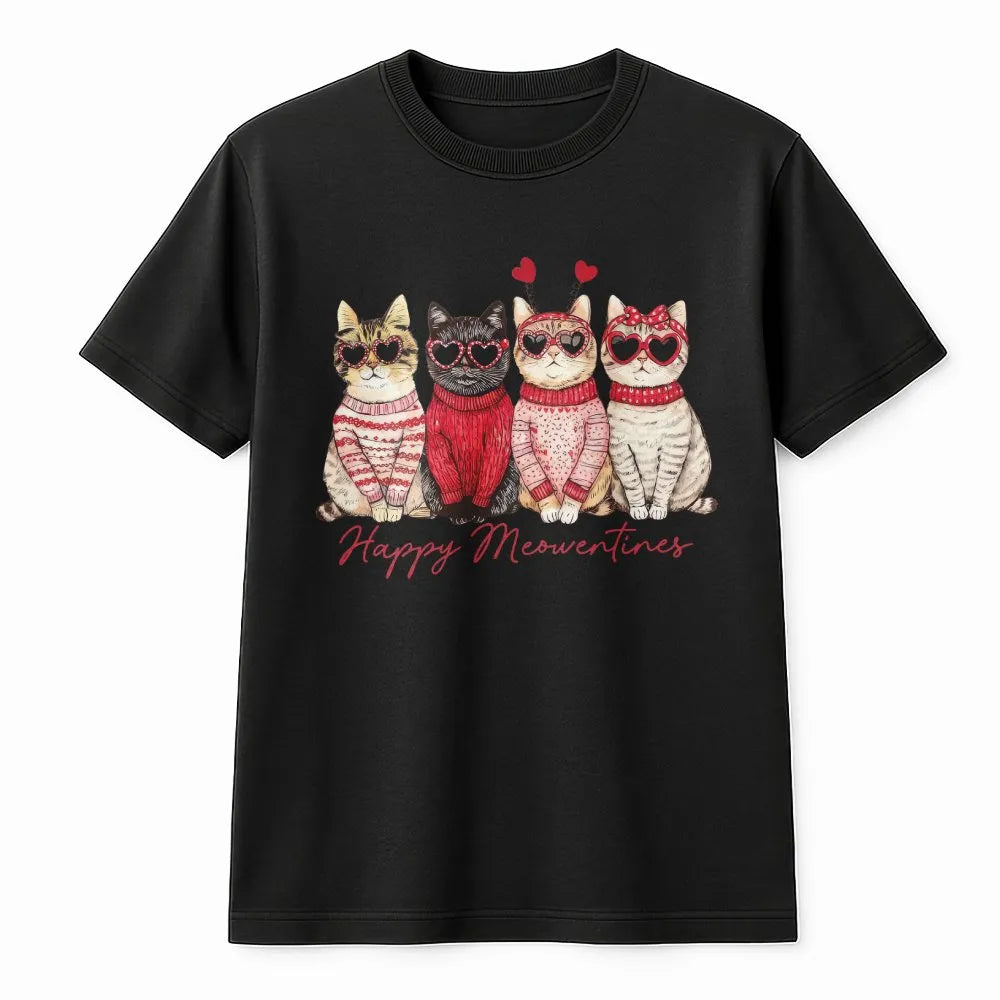 Valentine Cat T-Shirt | Happy Meowentines Graphic | Soft Cotton Premium Tee | Cute Animal Gift for Cat Lovers