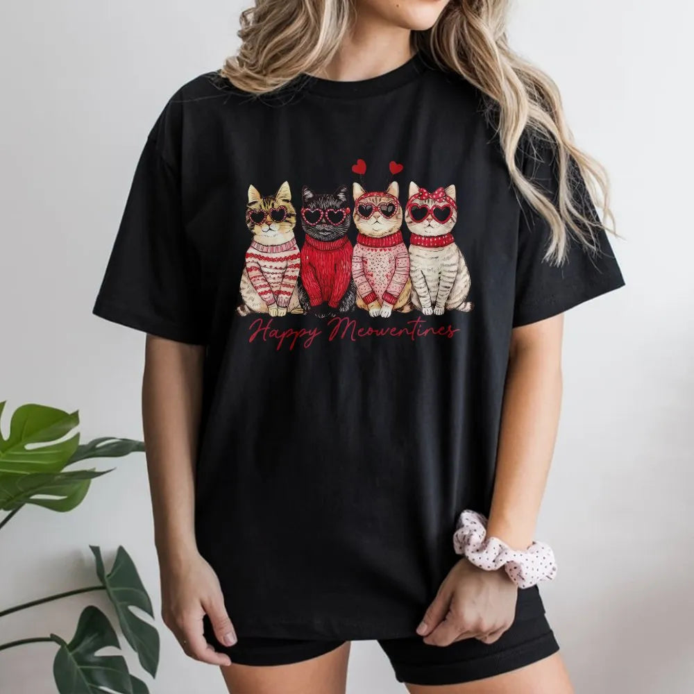 Valentine Cat T-Shirt | Happy Meowentines Graphic | Soft Cotton Premium Tee | Cute Animal Gift for Cat Lovers