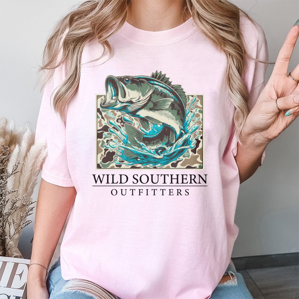 Bass Fishing T-Shirt | Camo Graphic Print | 100% Cotton Premium Tee | Outdoor Enthusiast Gift For Anglers