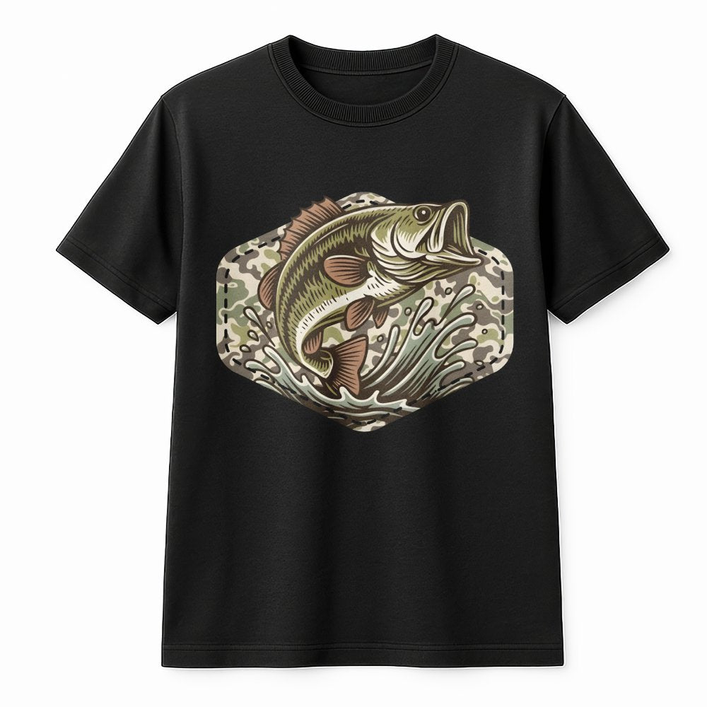 Bass Fishing T-Shirt | Camo Hexagon Graphic Art | Premium 100% Cotton Tee | Outdoor Adventure Gift for Dad