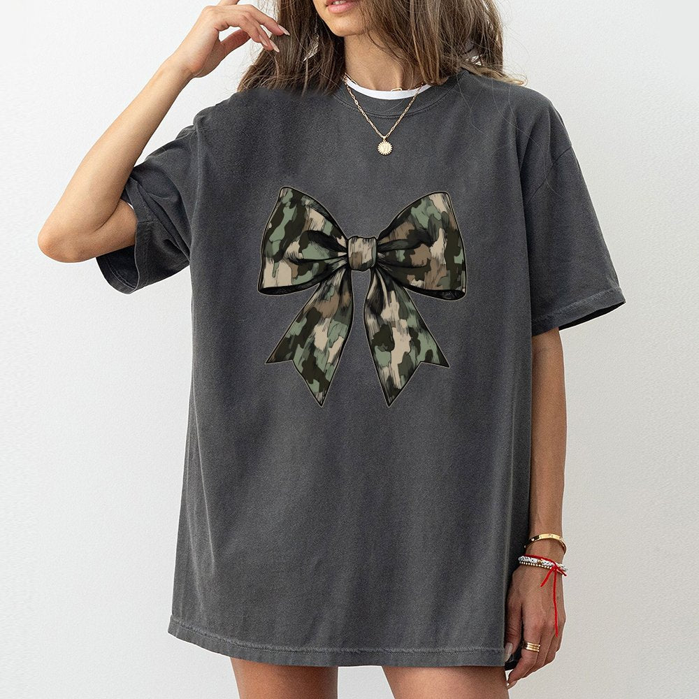 Camo Bow T-Shirt | Camouflage Ribbon Graphic Design | Premium Soft Cotton Tee | Country Style Gift for Women