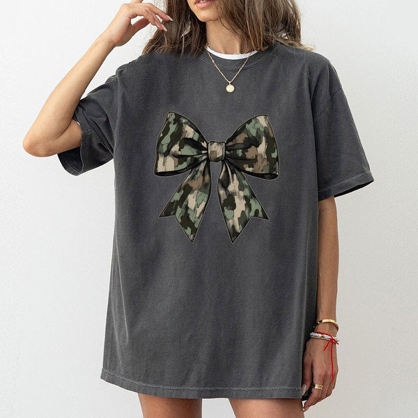 Camo Bow T-Shirt | Camouflage Ribbon Graphic Design | Premium Soft Cotton Tee | Country Style Gift for Women
