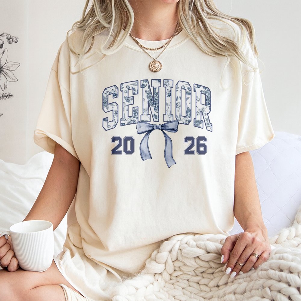 Senior 2026 T-Shirt | Blue Toile Bow Aesthetic Graphic | 100% Cotton Premium Tee | Graduation Gift For Her