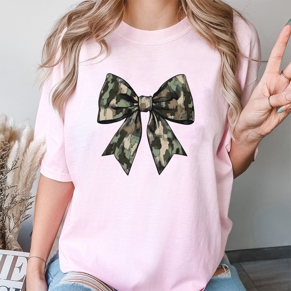 Camo Bow T-Shirt | Camouflage Ribbon Graphic Design | Premium Soft Cotton Tee | Country Style Gift for Women