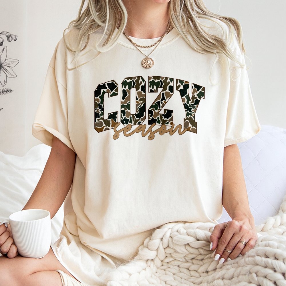Cozy Season T-Shirt | Camo Print Graphic Aesthetic | Premium 100% Cotton | Fall and Winter Gift for Her
