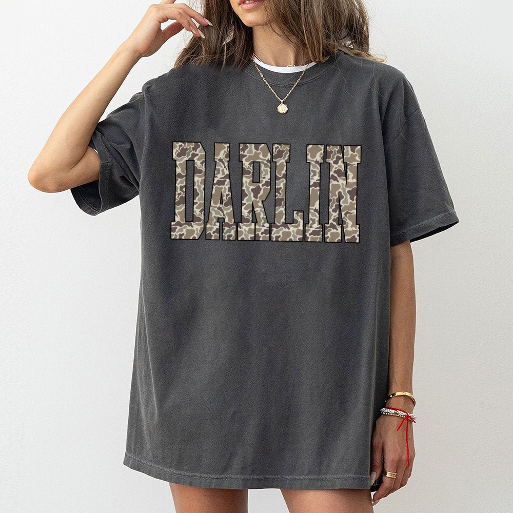 Darlin T-Shirt | Camo Letter Graphic Design | 100% Premium Cotton Tee | Western Aesthetic Gift For Her