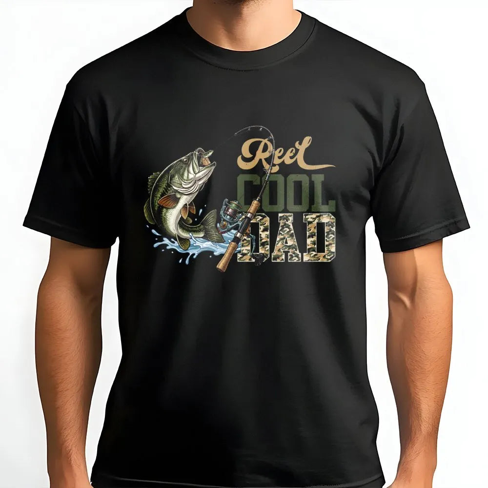 Reel Cool Dad Fishing T-Shirt | Bass Fish & Rod Graphic | Premium Cotton Blend | Gift for Fisherman Dad