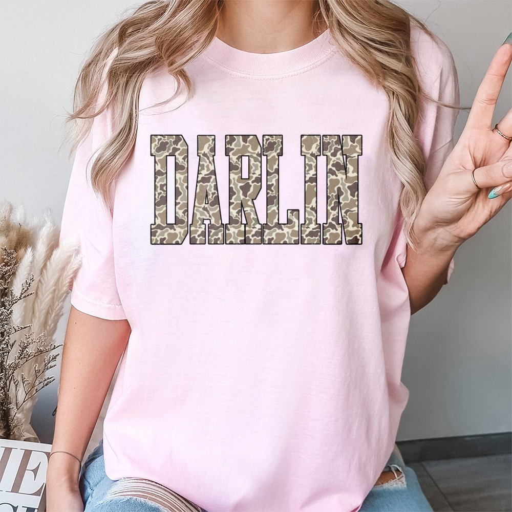 Darlin T-Shirt | Camo Letter Graphic Design | 100% Premium Cotton Tee | Western Aesthetic Gift For Her