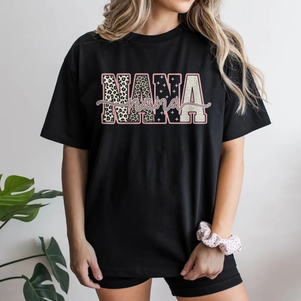 Nana T-Shirt | Leopard Print Mixed Pattern Graphic | Premium Soft Cotton Tee | Mother's Day Gift for Grandma