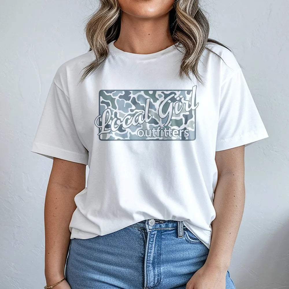 Local Girl Graphic Tee | Blue Camouflage Print Shirt | Soft 100% Cotton | Hometown Pride Gift for Her