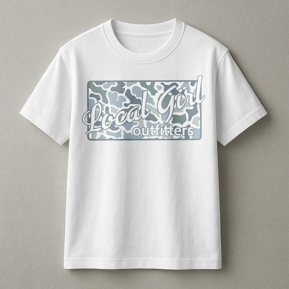 Local Girl Graphic Tee | Blue Camouflage Print Shirt | Soft 100% Cotton | Hometown Pride Gift for Her