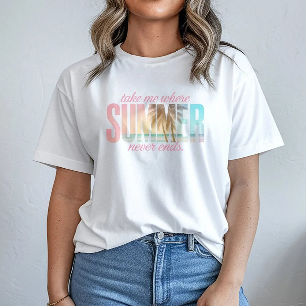 Summer Never Ends T-Shirt | Coastal Aesthetic Palm Tree Graphic | Premium Cotton Blend | Gift for Beach Lover