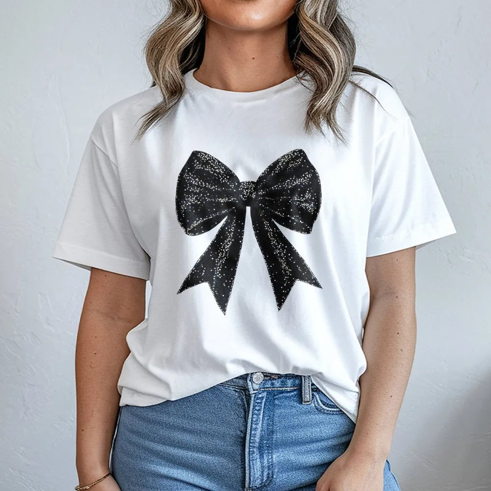 Coquette Bow T-Shirt | Sparkle Black Ribbon Graphic | Premium Soft Cotton Tee | Trendy Aesthetic Gift for Her