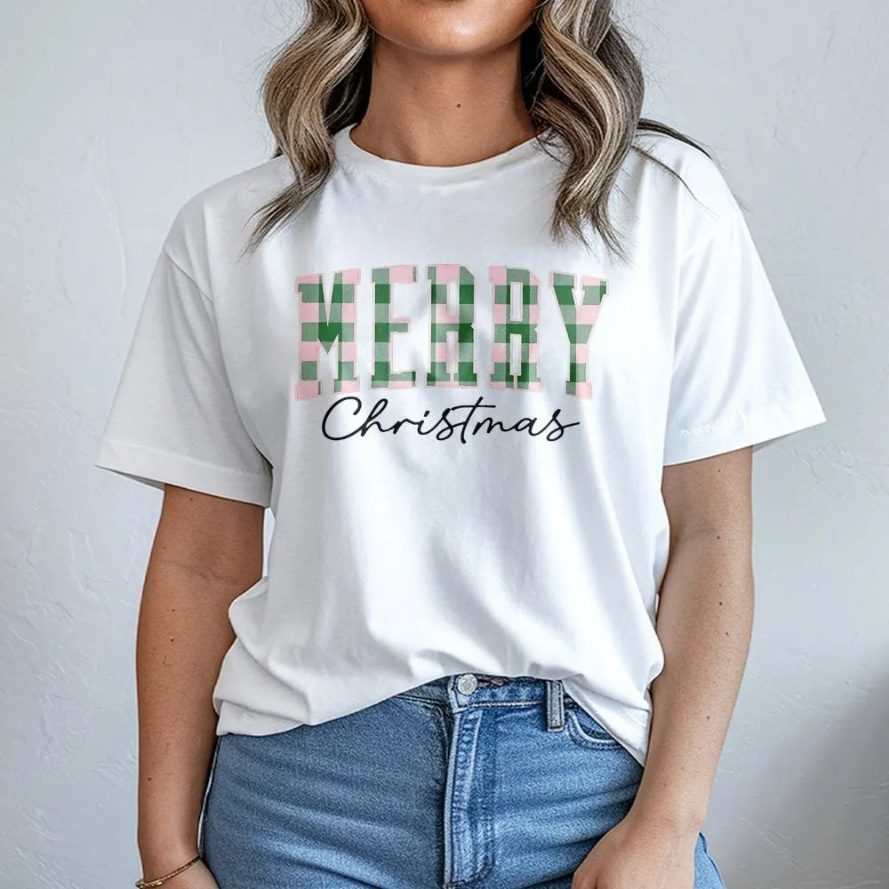 Merry Christmas T-Shirt | Pastel Buffalo Plaid Design | Premium Soft Cotton | Festive Holiday Gift for Family