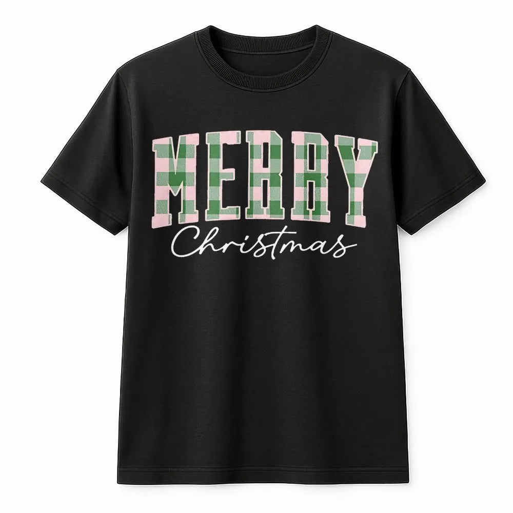 Merry Christmas T-Shirt | Pastel Buffalo Plaid Design | Premium Soft Cotton | Festive Holiday Gift for Family