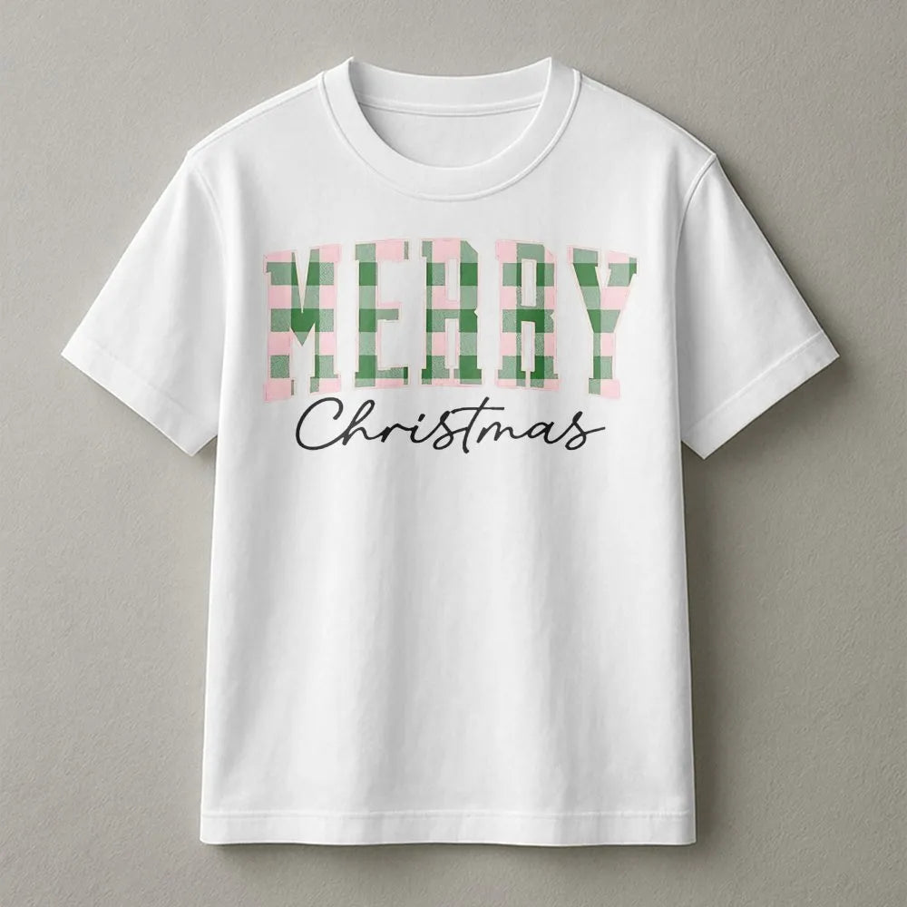 Merry Christmas T-Shirt | Pastel Buffalo Plaid Design | Premium Soft Cotton | Festive Holiday Gift for Family