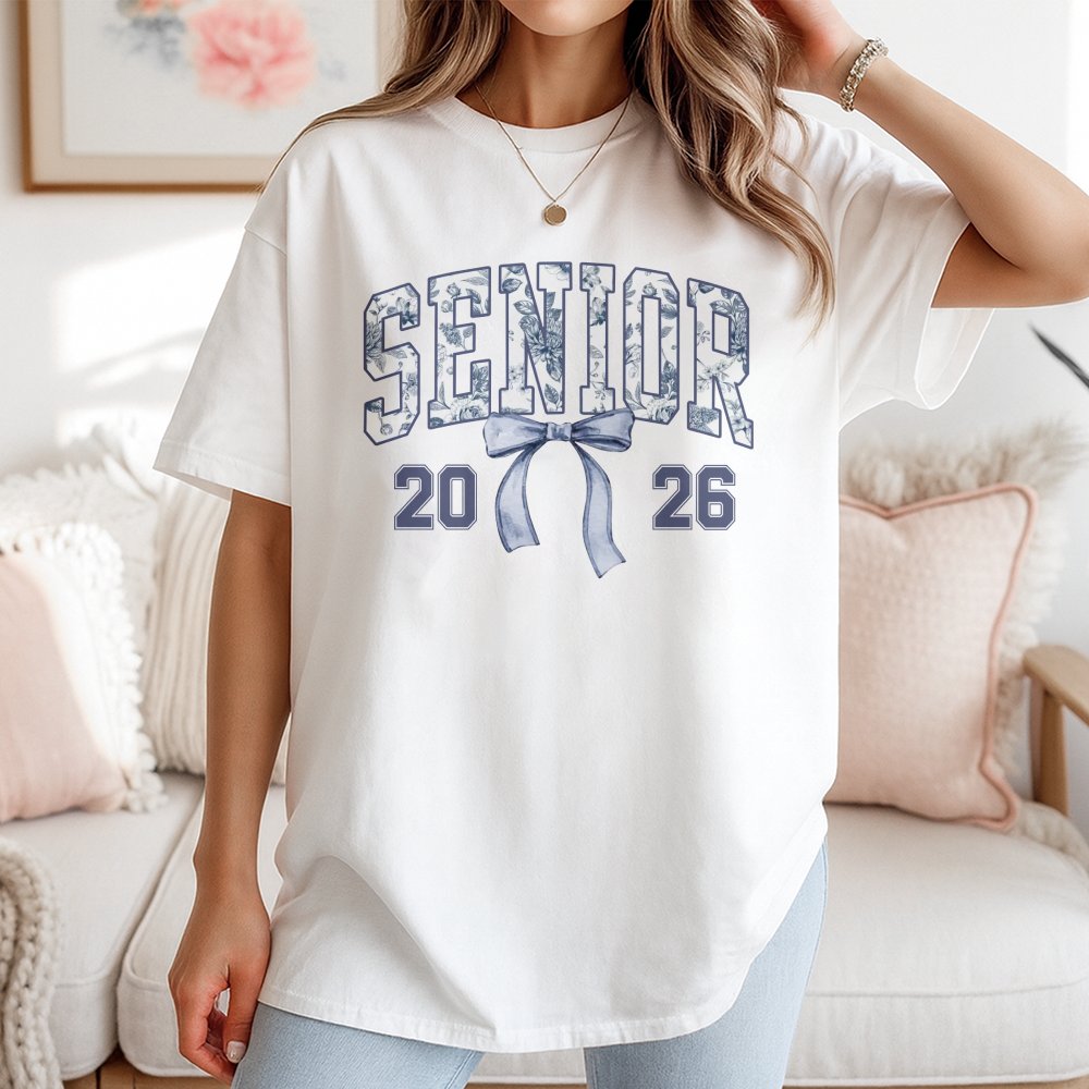 Senior 2026 T-Shirt | Blue Toile Bow Aesthetic Graphic | 100% Cotton Premium Tee | Graduation Gift For Her