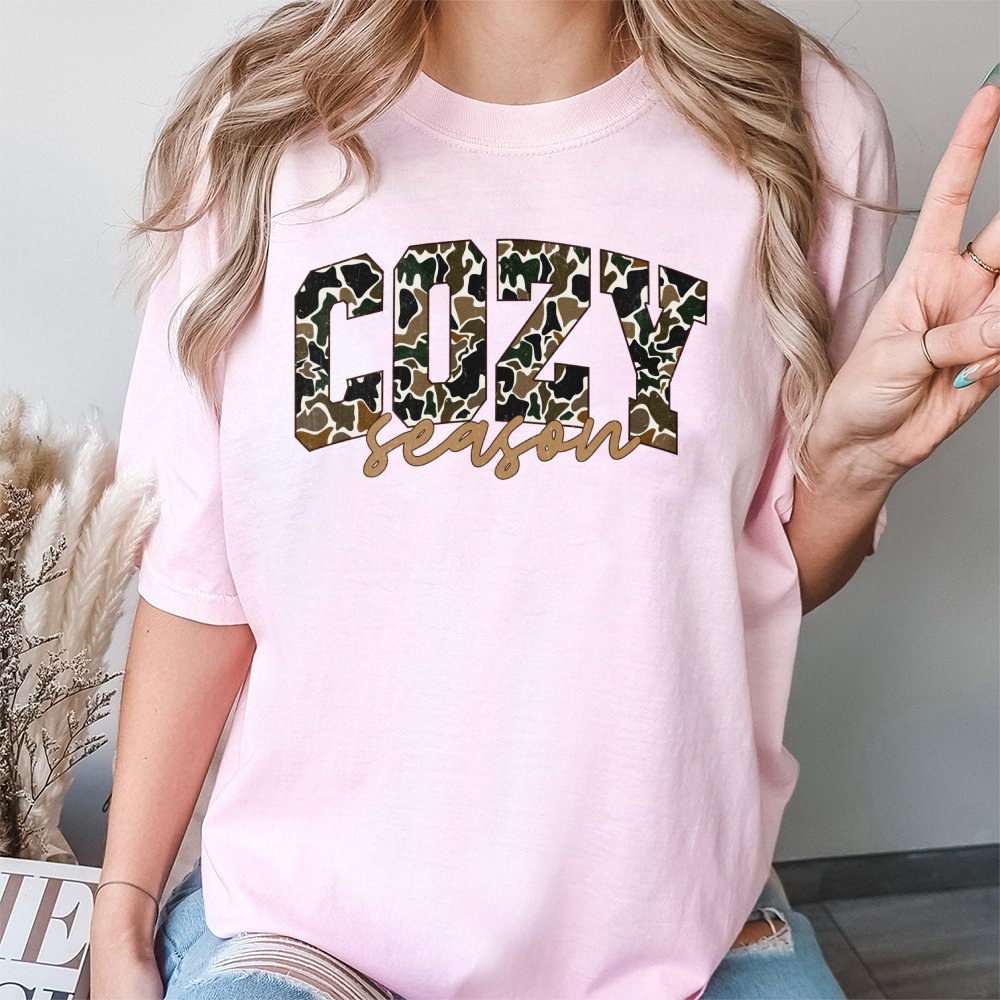 Cozy Season T-Shirt | Camo Print Graphic Aesthetic | Premium 100% Cotton | Fall and Winter Gift for Her