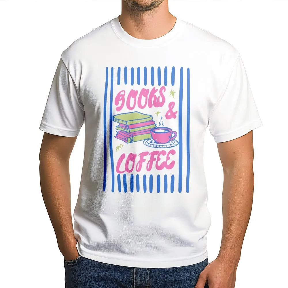 Retro Books and Coffee T-Shirt | Graphic Tee for Bookworms | Premium Soft Cotton | Book Lover and Reader Gift