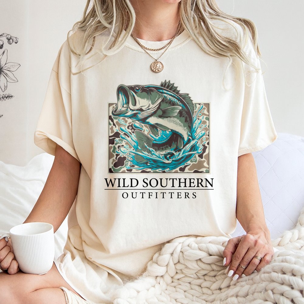 Bass Fishing T-Shirt | Camo Graphic Print | 100% Cotton Premium Tee | Outdoor Enthusiast Gift For Anglers