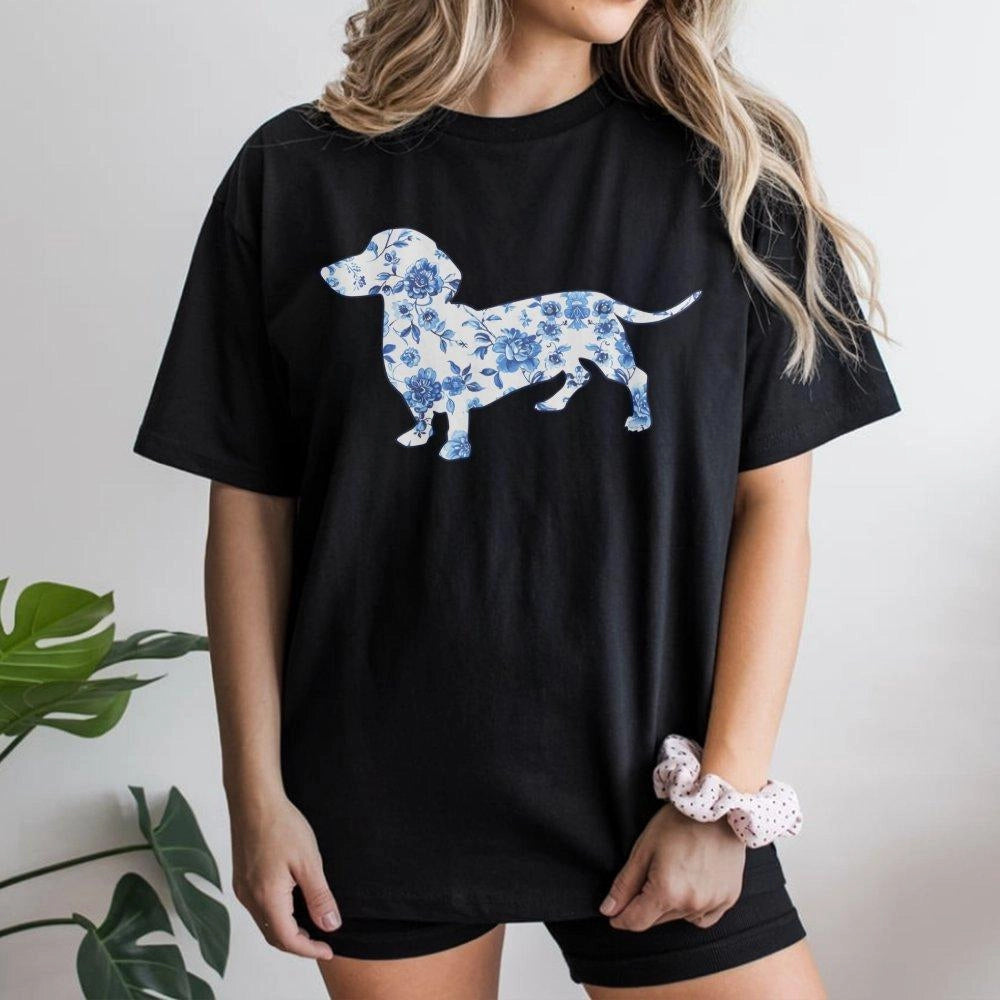 Dachshund T-Shirt | Blue Toile Floral Dog Graphic | Premium 100% Cotton | Gift for Doxie Mom and Dog Lovers